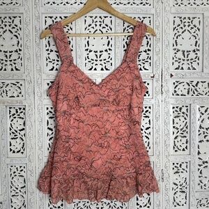 Vtg Y2K Pink & Brown Lace Faux Wrap Sleeveless Coquette Ruffle Tank Top Sz Large